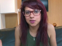 Nerdy girl goes don and sucks a dick at casting couch interview