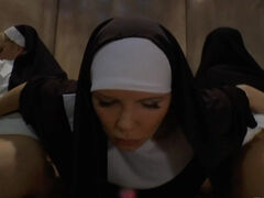 Sexy nuns fuck the lovely chicks' asses with massive dildos