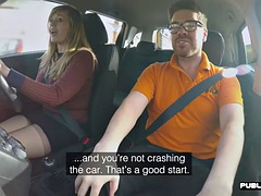 Curvy British babe sucks and rides the driving instructor in the car