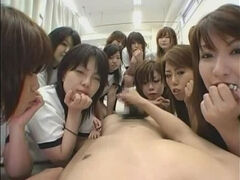 Adorable Japanese whore having fun at amazing group sex party in public place