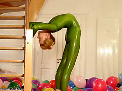 Flexy wondrous Green Rubber Catsuit blonde nude Feet & Bendy Positions