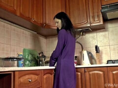 Efina stops kitchen work to masturbate hairy pussy