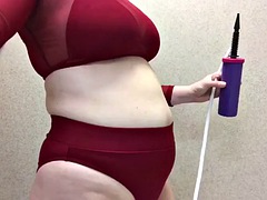 Belly Inflation In Dark Red Bikini