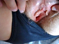 Wife spreads panties and spreads hairy pussy for cum