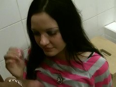 Prostitute from Russia gladly serves a duo client in the toilet
