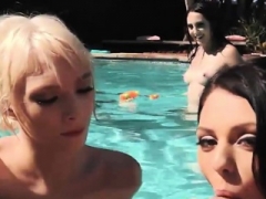 Lusty teenage besties sharing a hard cock by the poolside