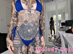 Trying on a Dark Blue and Light Blue Frilly Micro Bikini Haul Melody Radford