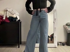 Wide leg flared palazzo jeans sissy in black jacket masturbating and waiting for mistress to suck cock and BDSM