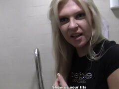 Sweet blonde girl is giving a hot blowjob in the toilet