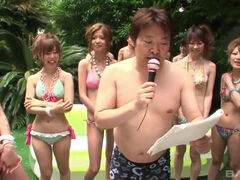 Awesome Japanese girlfriends are fighting in the small outdoor pool