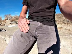 Shooting cum on gray pants in public