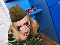 Fox babe masturbates and sucks a dildo in military gear SOLO