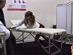 21 year old CFNM amateur in college uniform fucked by doctors in threesome