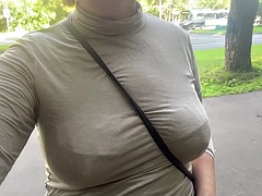 Wife flashing boobs - public nudity in public park