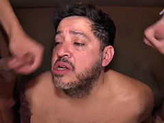 Chubby MILF fucked bareback by three Latin twinks after blowjob