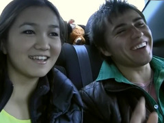 Alluring Asiatic chick fools aournd with her boyfriend in the car