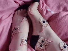 Stepsister teases in cute patterned nylon socks in point of view and gets them licked