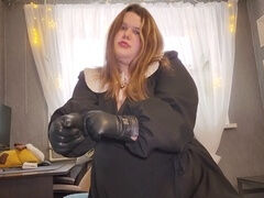 Voluptuous plus-size Mistress dominates with sensual leather glove handjob featuring oral elements