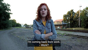 Redheaded girl wtih a cute face gets fucked outside