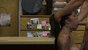 Brown-Haired Doggystyled And Face Pounded On Pawn Shop Desk