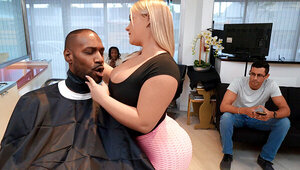 Curvy Blonde Shaves Her Customer And Sucks His Cock