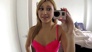 Pretty blonde chick filmed by stepbrother while blowing him