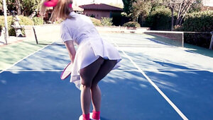 During tennis training three nymphs seduce coach on the court