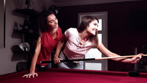 MILF and stepdaughter climb on the pool table for lesbian sex