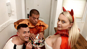 Devilish blondie banging two dudes on Halloween too