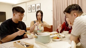 Amazing Asian orgy after a good night dinner at home
