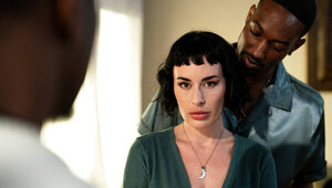 Pale brunette with natural boobs dominated by black men