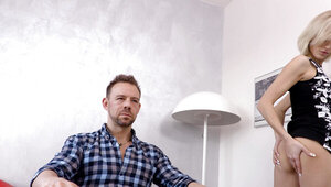 Pretty blonde chick is fucked in the ass by a hung fellow