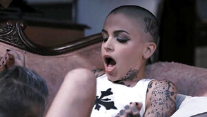 Bald girl covered with tattoos has passionate anal sex