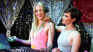 Blonde learns how to play DJ controller and enjoys strapon