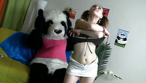 Wild panda bear bangs stunner with fragile body in her room