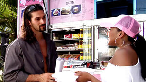 Emy Reyes sucks hard cock outside and gets banged in public
