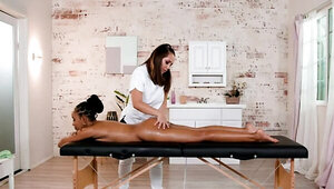Jenna Sativa and Jenna Foxx are licking on the massage table