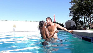 Excitement fills Ebony girl by the pool and boyfriend fucks her