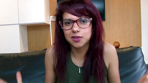 Nerdy girl goes don and sucks a dick at casting couch interview