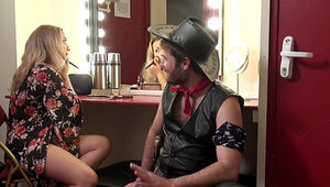 Dude dressed as a cowboy is fucking a slut backstage