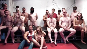 Gangbang for a daring blonde who NEEDS every dick here