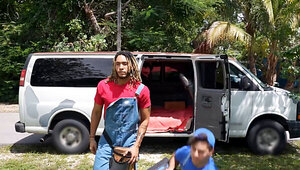 Horny yard workers fuck the sexy milf while hubby is near