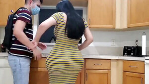 Curvy bitch with big ass and tits fucks in the kitchen