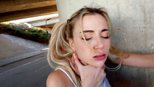 Blonde babe gets two dicks in the middle of the road