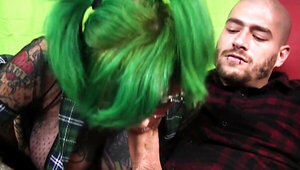 Busty girl with green hair and great tats gets SCREWED
