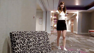 Pretty redhead girl blows a guy and gets fucked from behind
