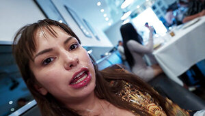 Fancy dining and crazy muff diving in a threesome in POV