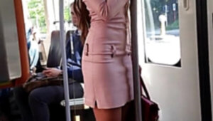 Girl in mini leather dress public voyeur &extreme high heels