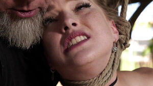 Busty Blonde Tied Up Outdoors Screams From Hard Handjob