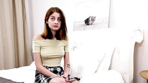 Adorable European babe looks sad and shy in her first video